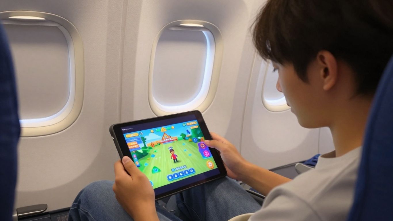 Person playing a game on a tablet during a flight.