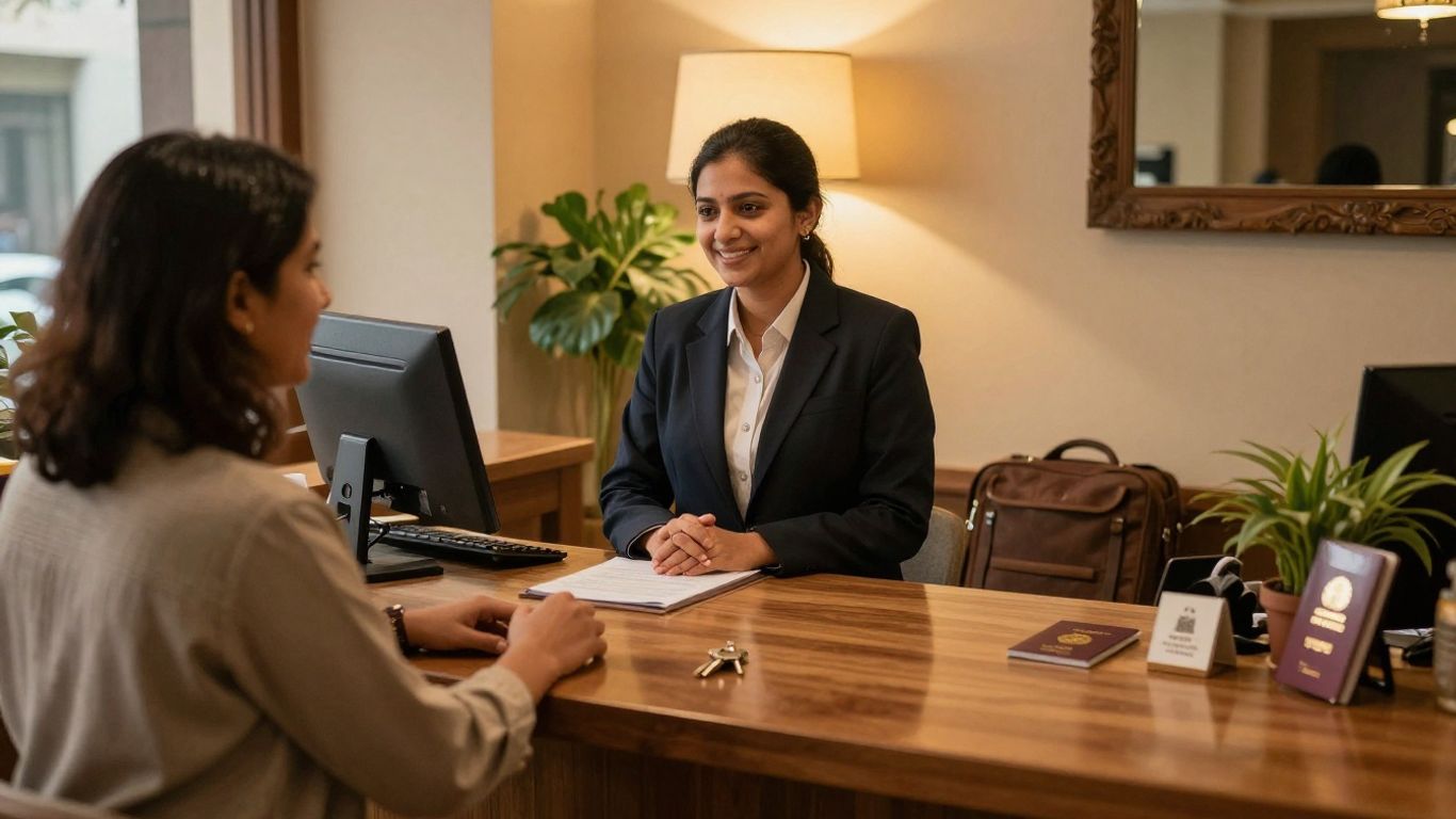 Welcoming Urdu hotel reception with traveler luggage