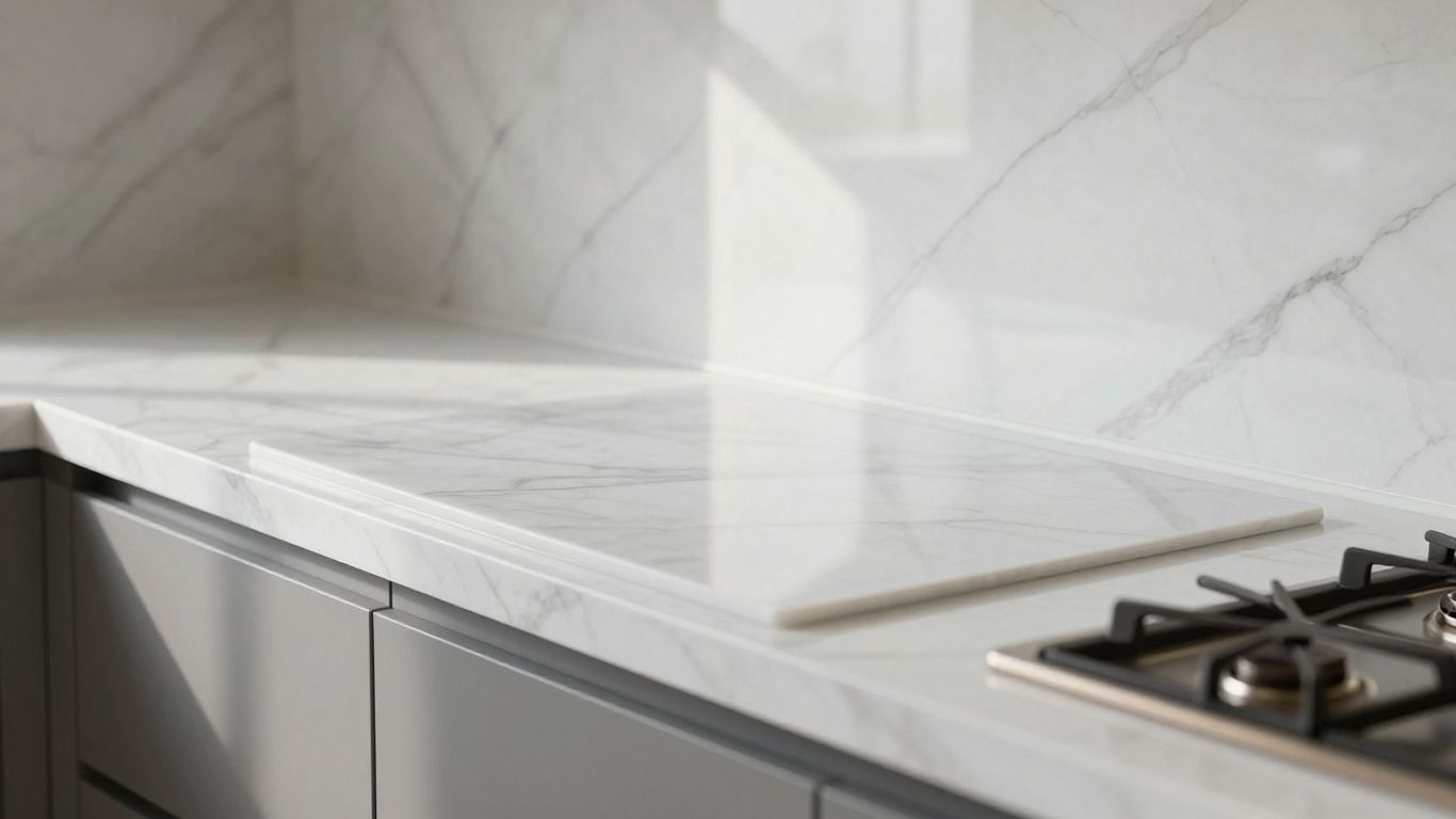 Elegant kitchen with a white marble splashback.