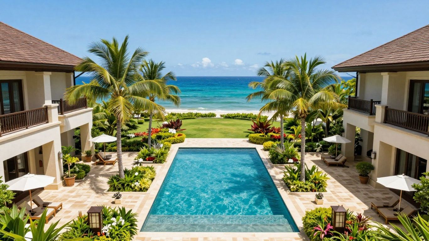 Luxury resort grounds with lush landscaping