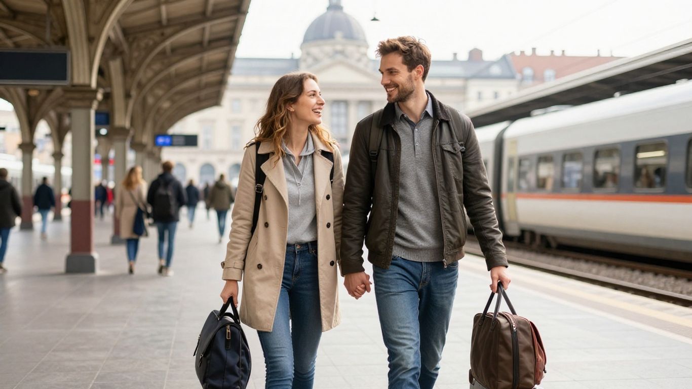 Couple marchant dans une gare européenne