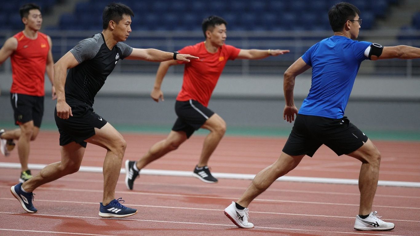 Atletas se aquecendo e usando equipamentos de proteção.