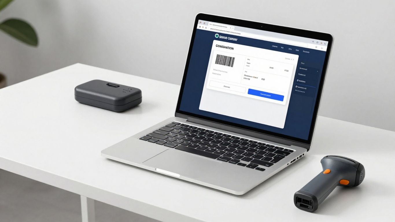 Laptop screen showing barcode generator with scanner.