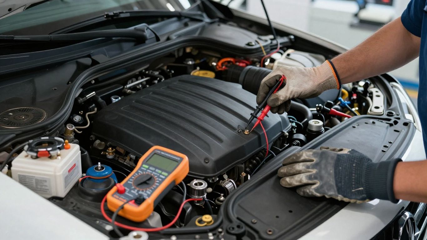 Technician testing a car battery in garage