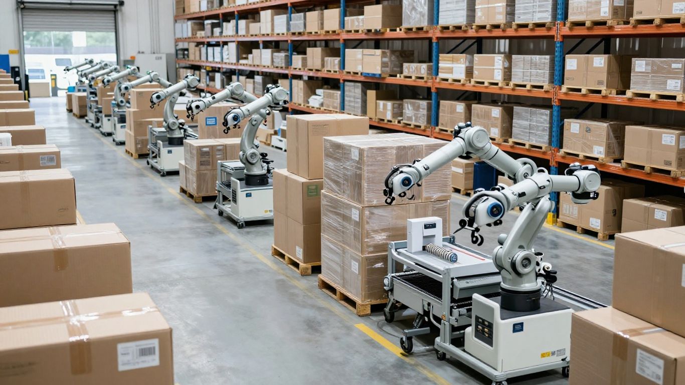 Logistics warehouse showing organized storage and shipping preparation.