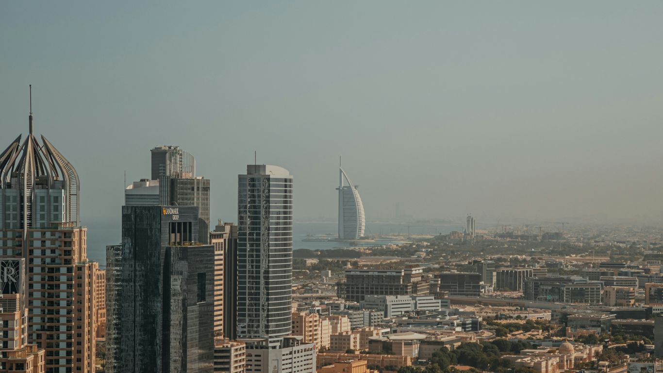 A view of a city with tall buildings