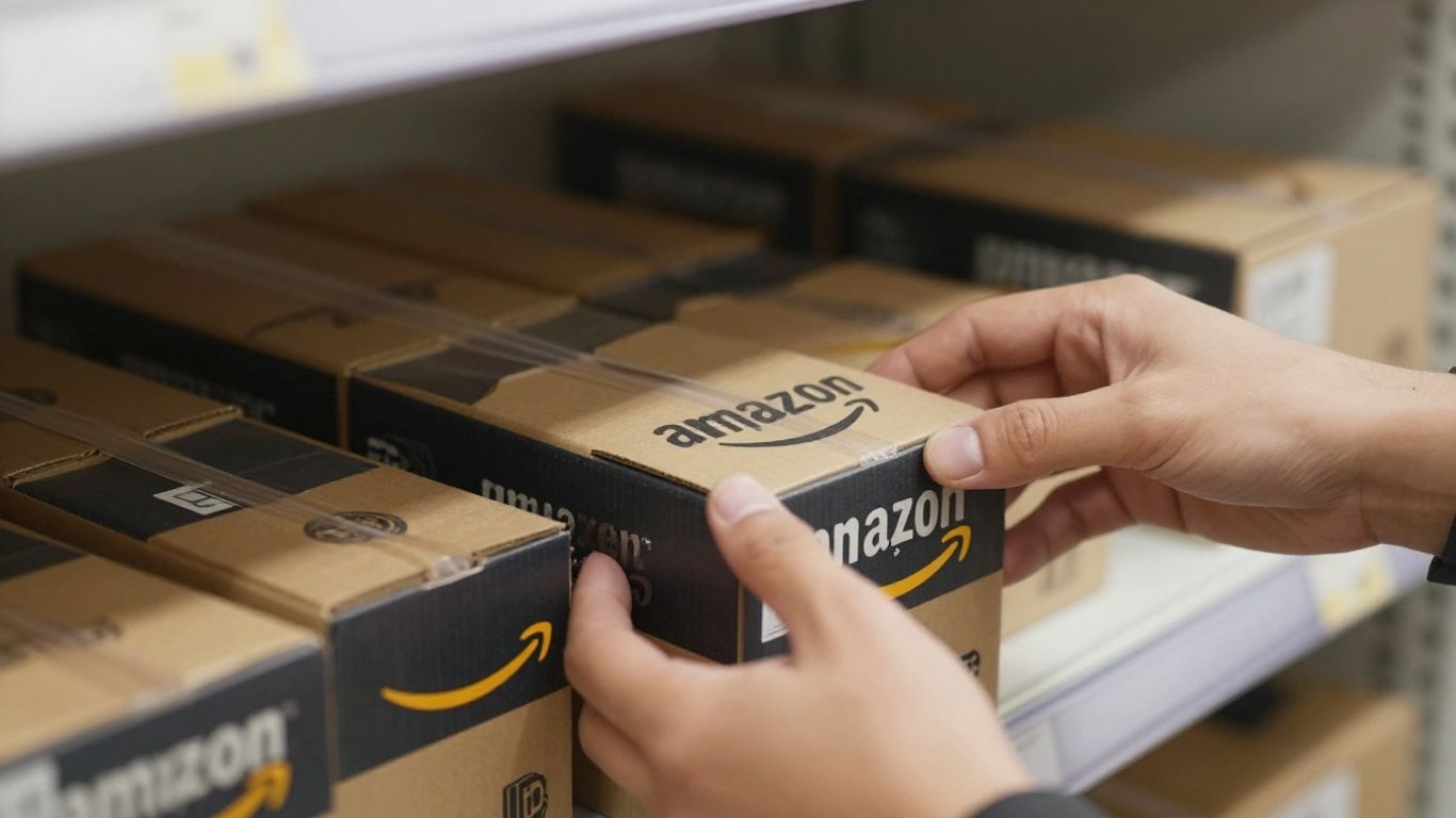 Amazon product boxes arranged imperfectly on a shelf.