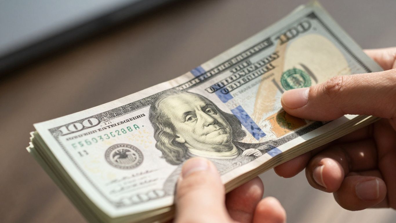 Hand holding money, financial relief concept.