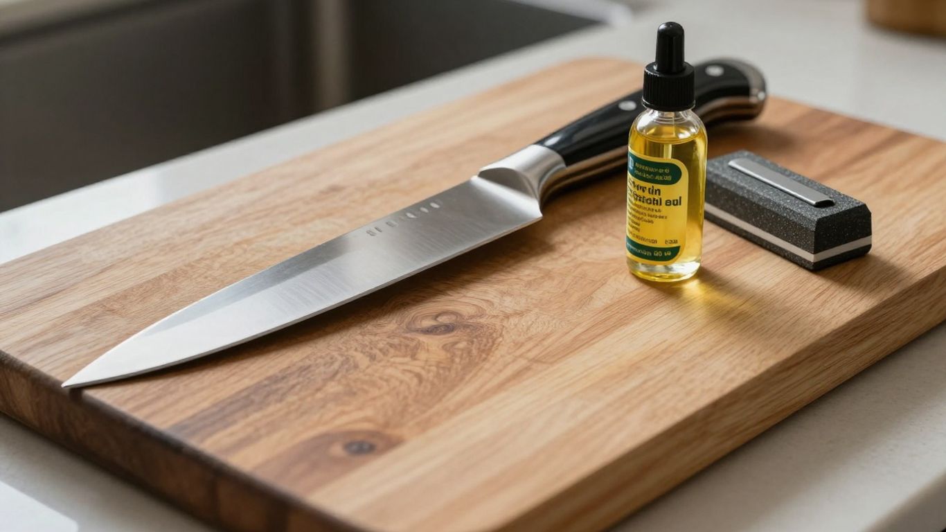 High-quality knife with care tools on a wooden board.
