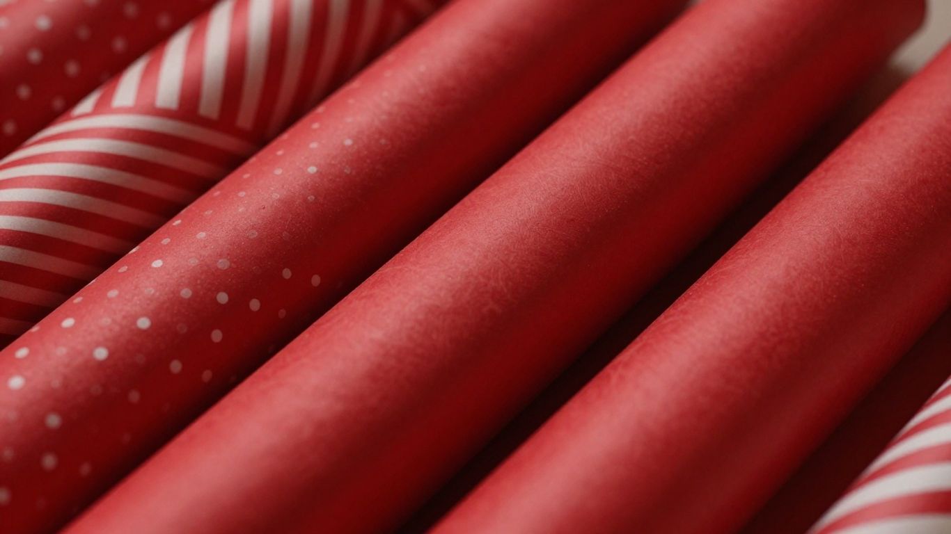 Rolls of red gift wrapping paper in various textures.
