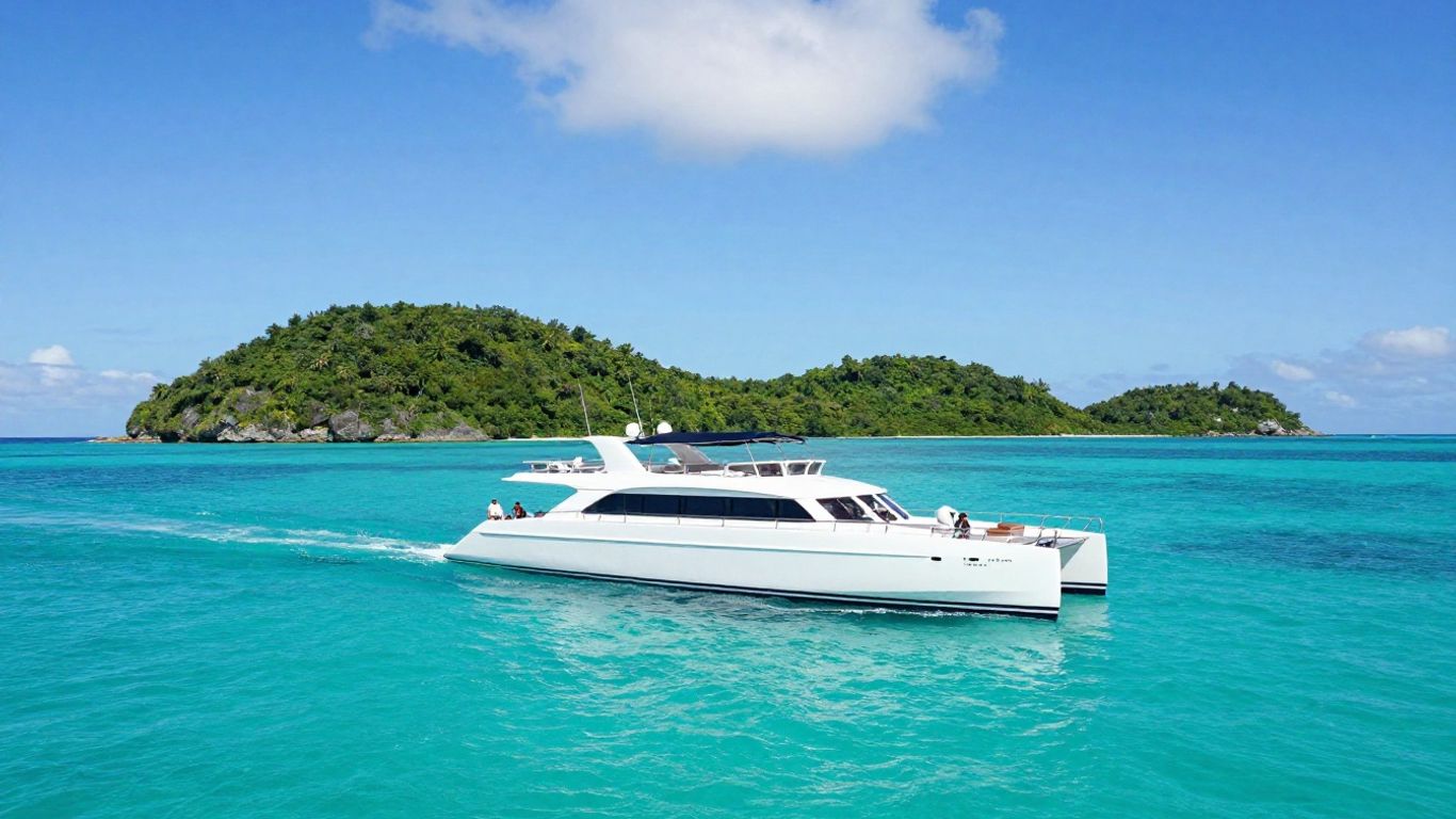 Catamaran sailing in turquoise BVI waters near islands.