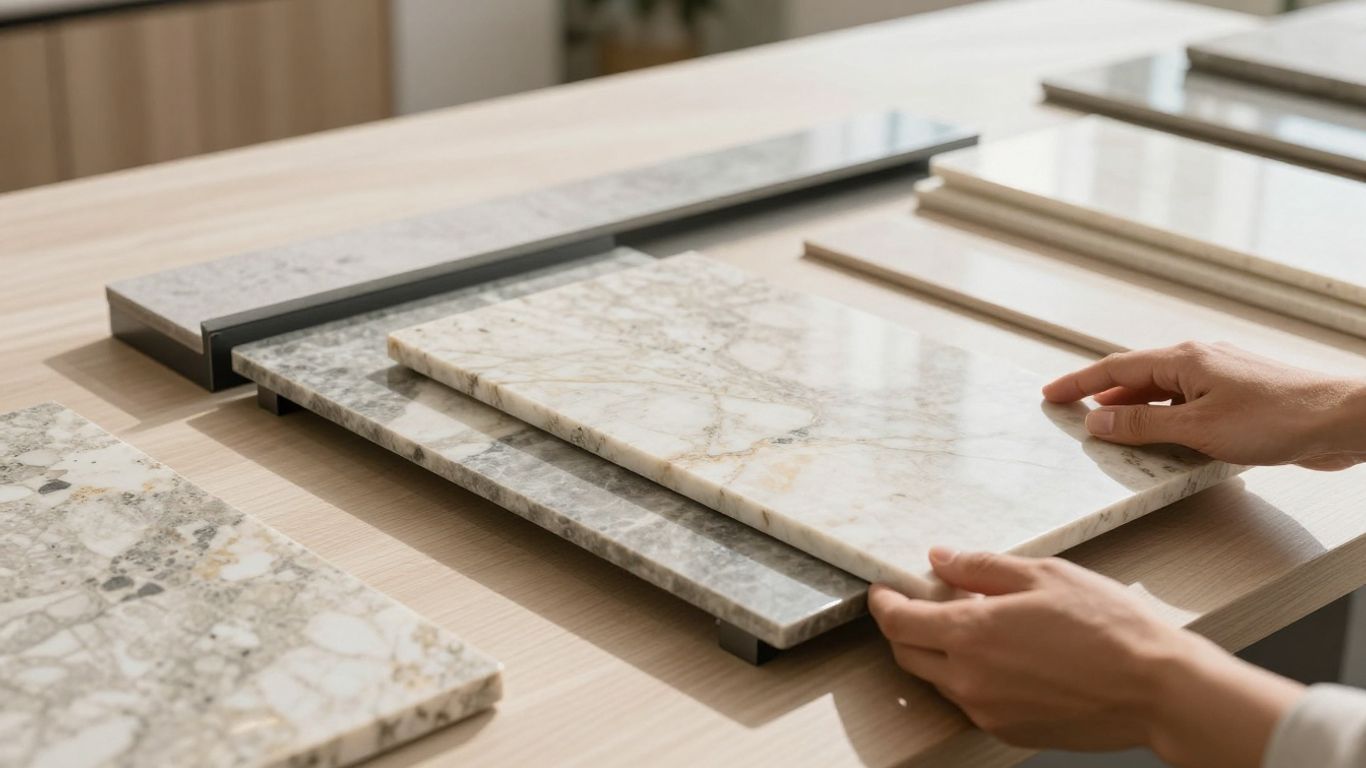 Modern countertop showroom with polished stone slabs.