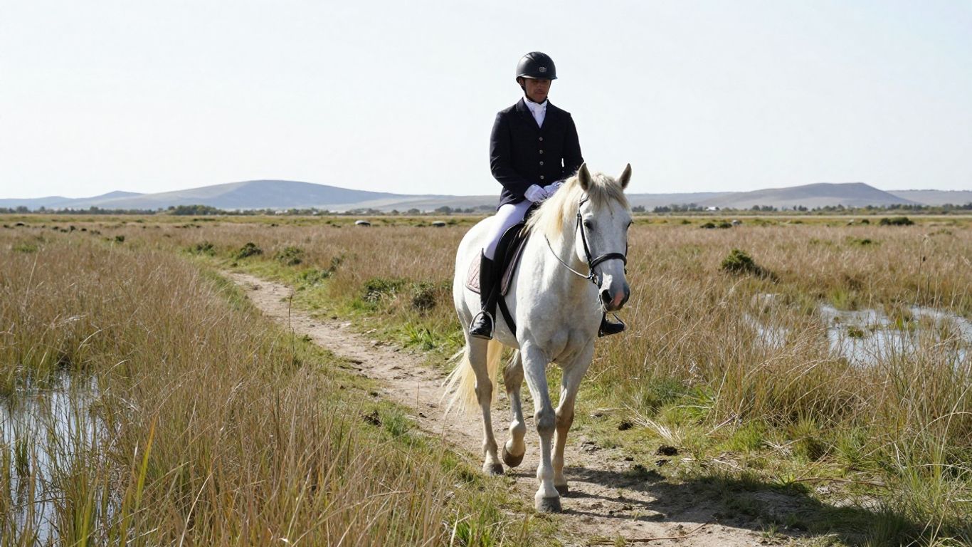 Rider guiding a white horse along a Camargue trail