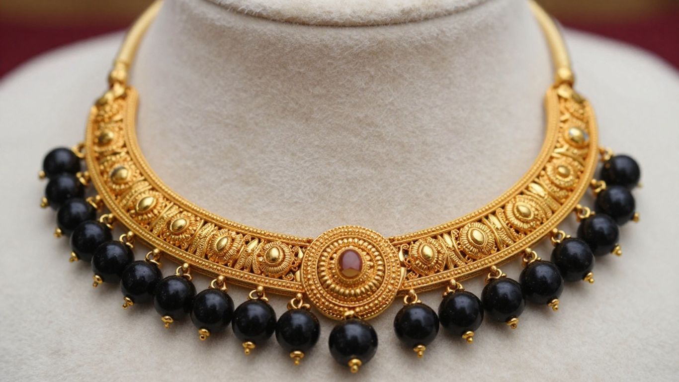 Traditional mangalsutra with gold and black beads.