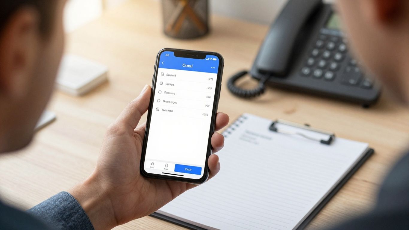 Contractor using phone for call tracking with sunlight.