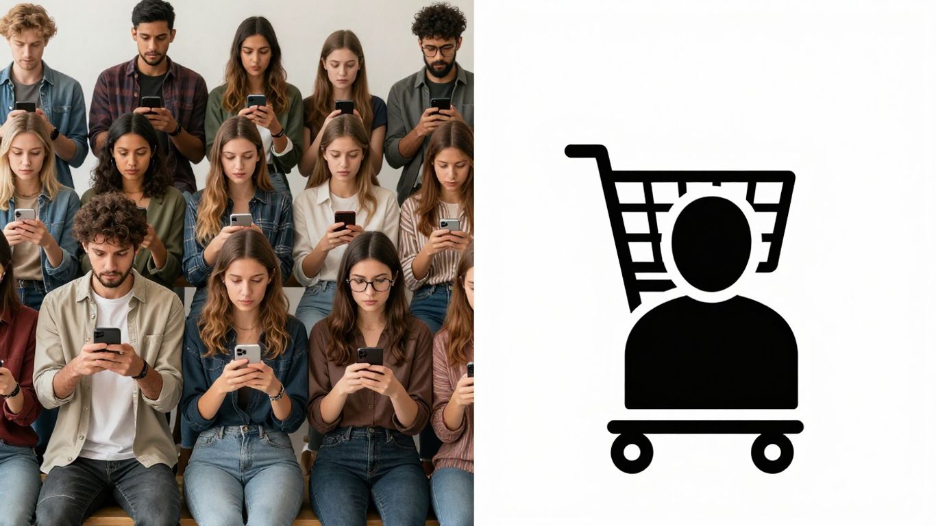 People interacting with phones and a shopping cart icon.