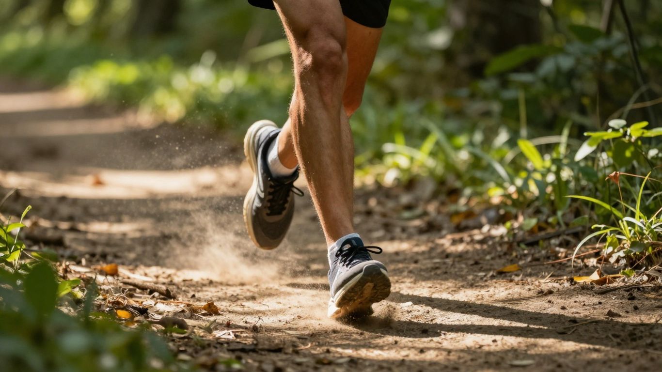 Runner's feet on a trail during an easy run.