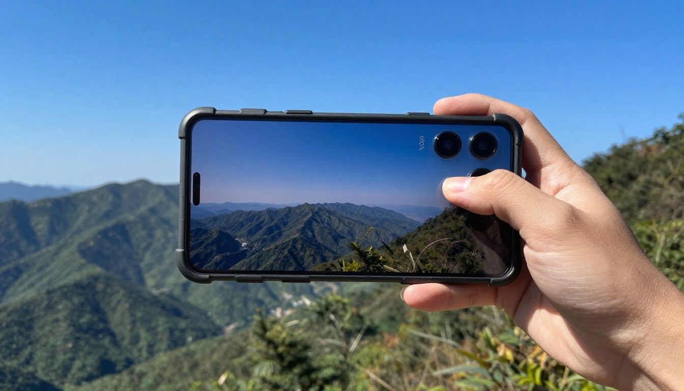 A person hiking in the Blue Mountains, carefully taking a photo with their Galaxy S23 Ultra in a rugged case.