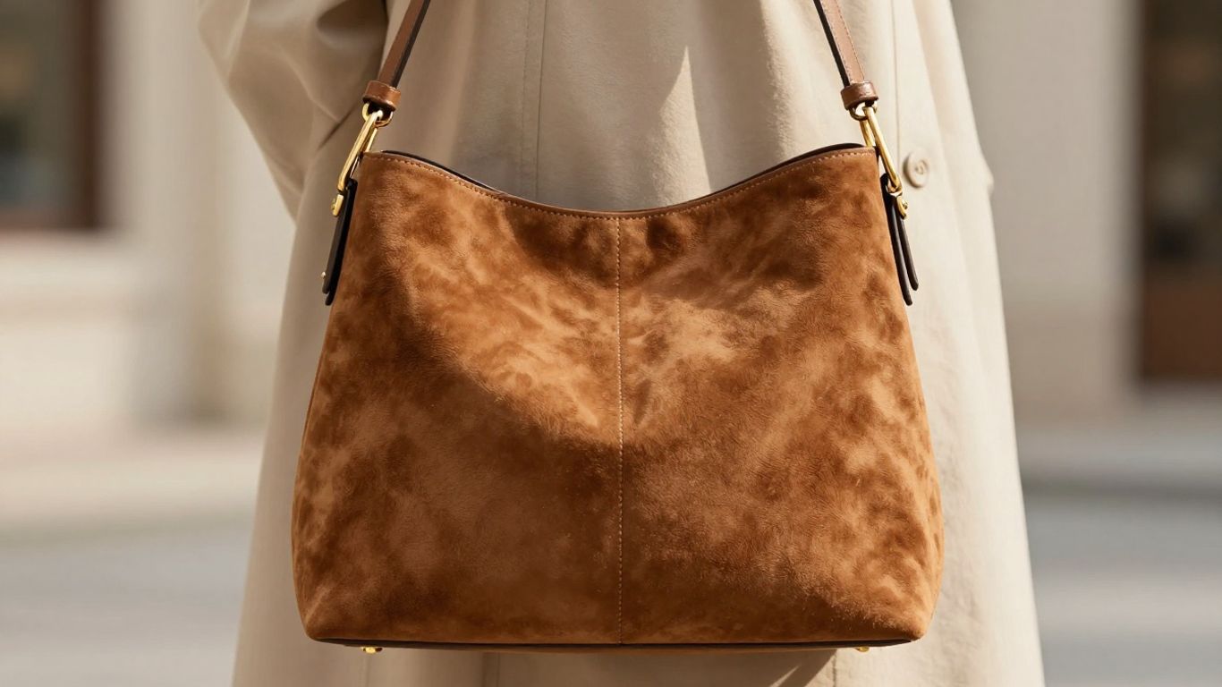 Caramel suede shoulder bag with gold hardware.