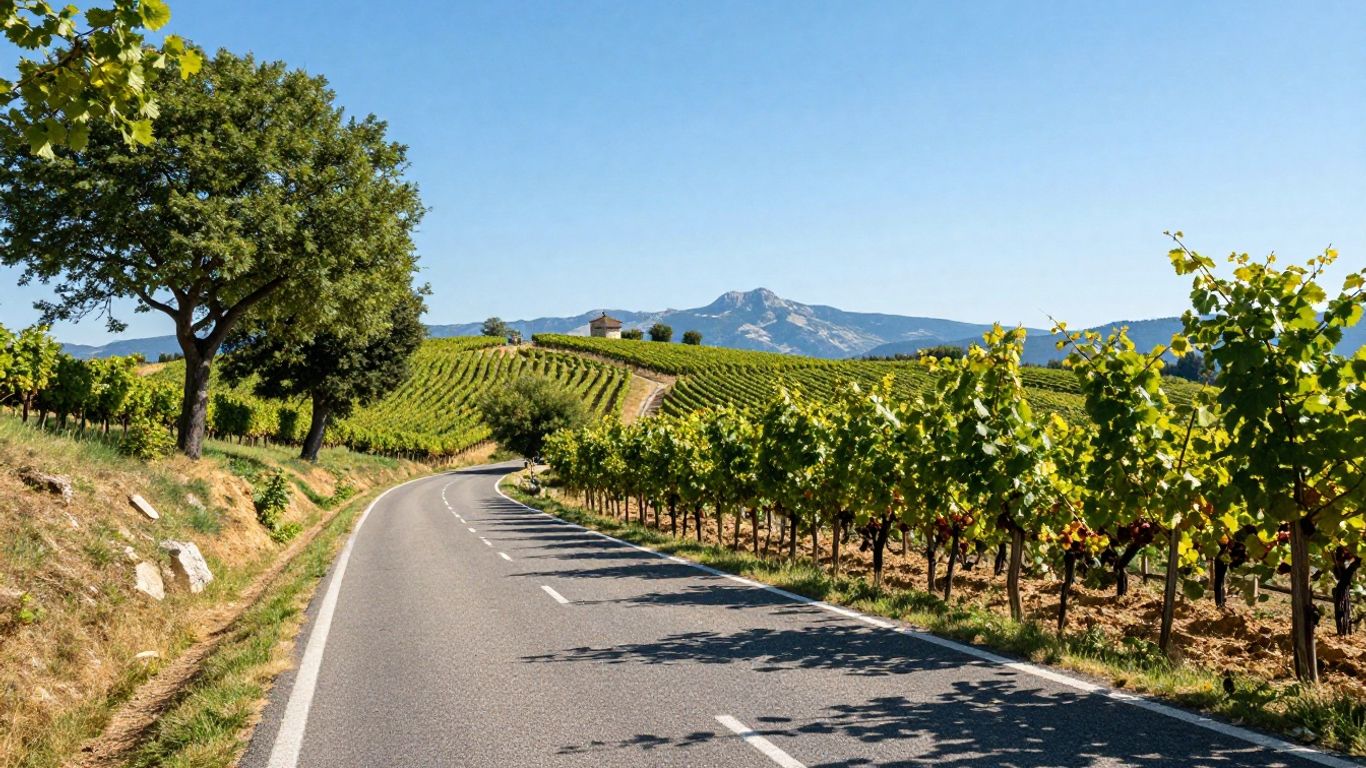 Scenic road through vineyards towards distant mountains