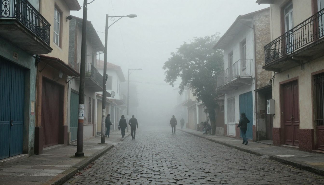Representação artística da rua coberta por neblina com figuras distorcidas ao fundo