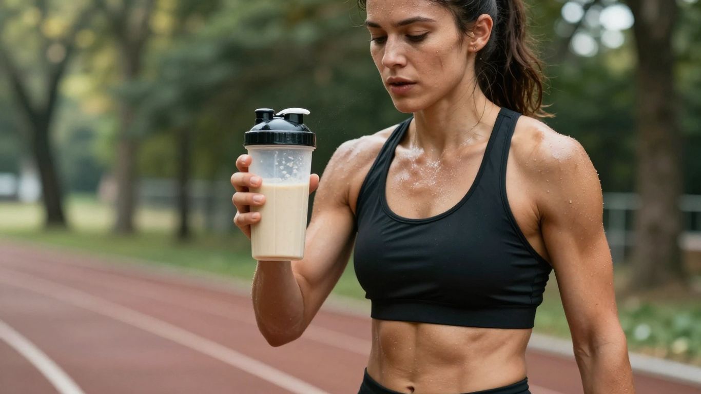 Runner drinking protein shake after a run.