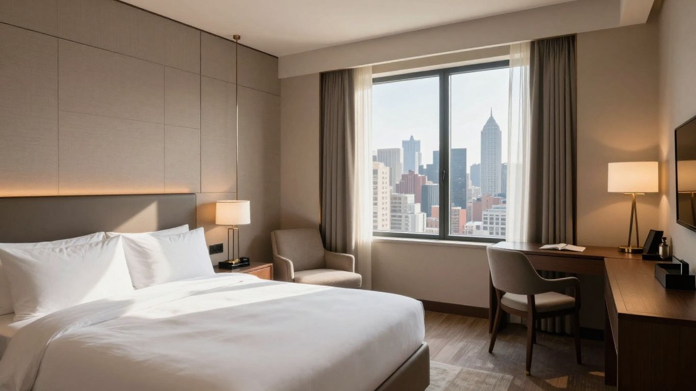 Chambre d'hôtel luxueuse avec vue sur la ville