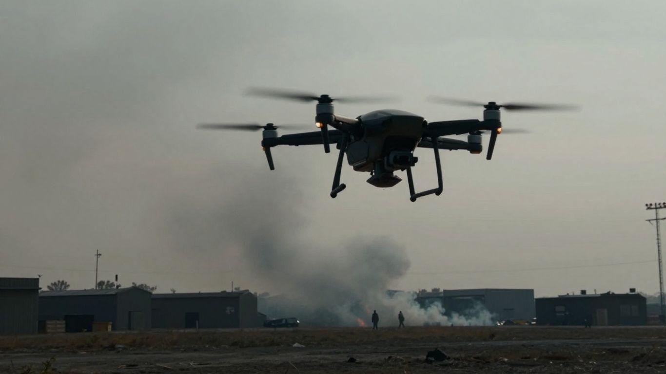 Drone flying over a military base with smoke.