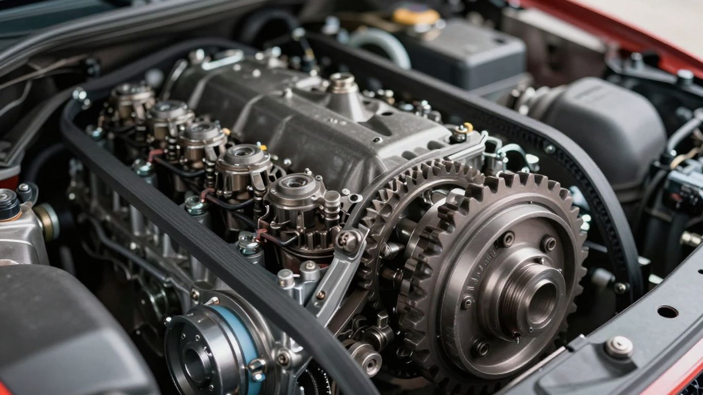Motorraum eines Autos mit sichtbaren mechanischen Teilen.
