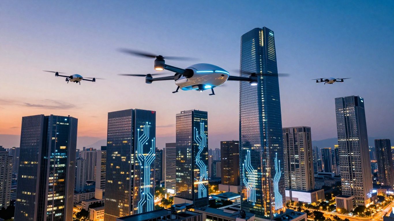 Futuristic cityscape with glowing circuits and drones.