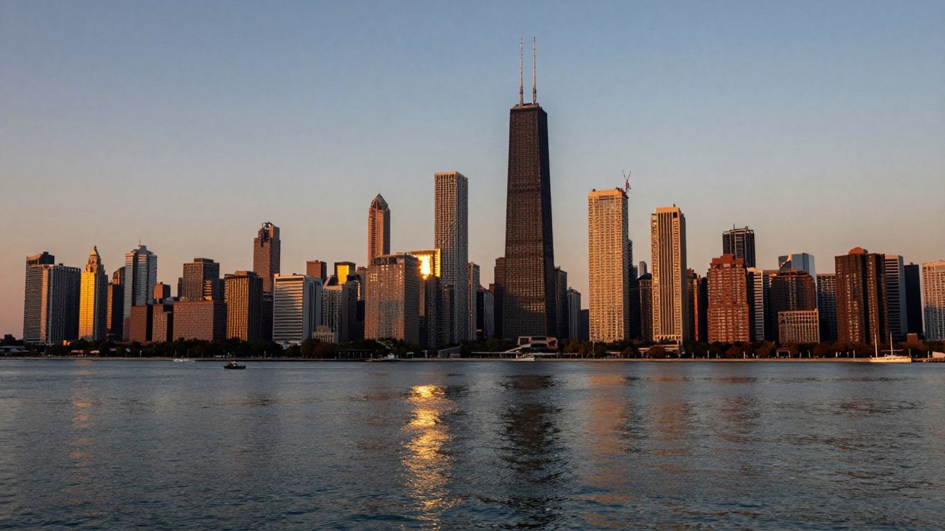 Chicago skyline at dusk with lake reflections.