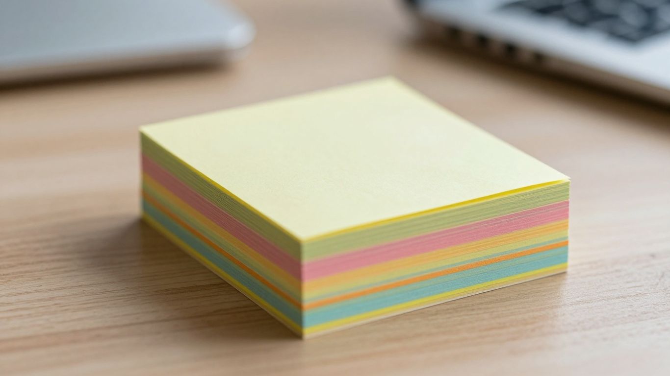 Colorful sticky notes stacked on a desk.