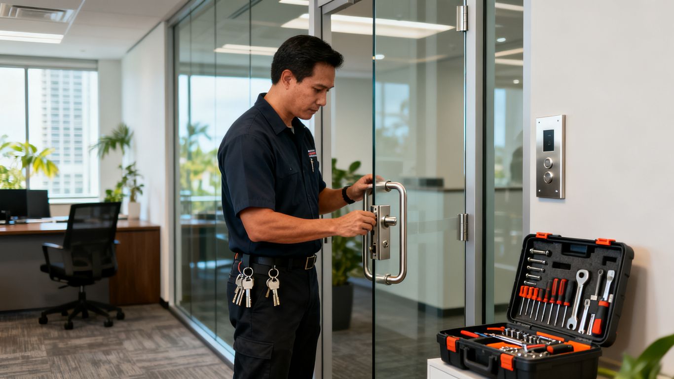 Commercial locksmith inspecting office door hardware