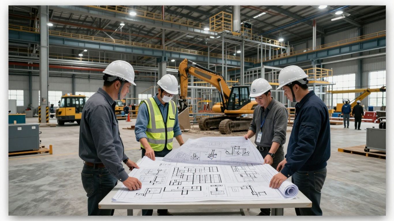 Engineers reviewing blueprints at a construction site.