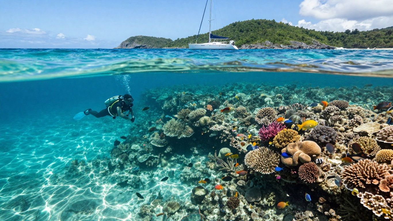 Diver exploring coral reef near sailboat in British Virgin Islands.