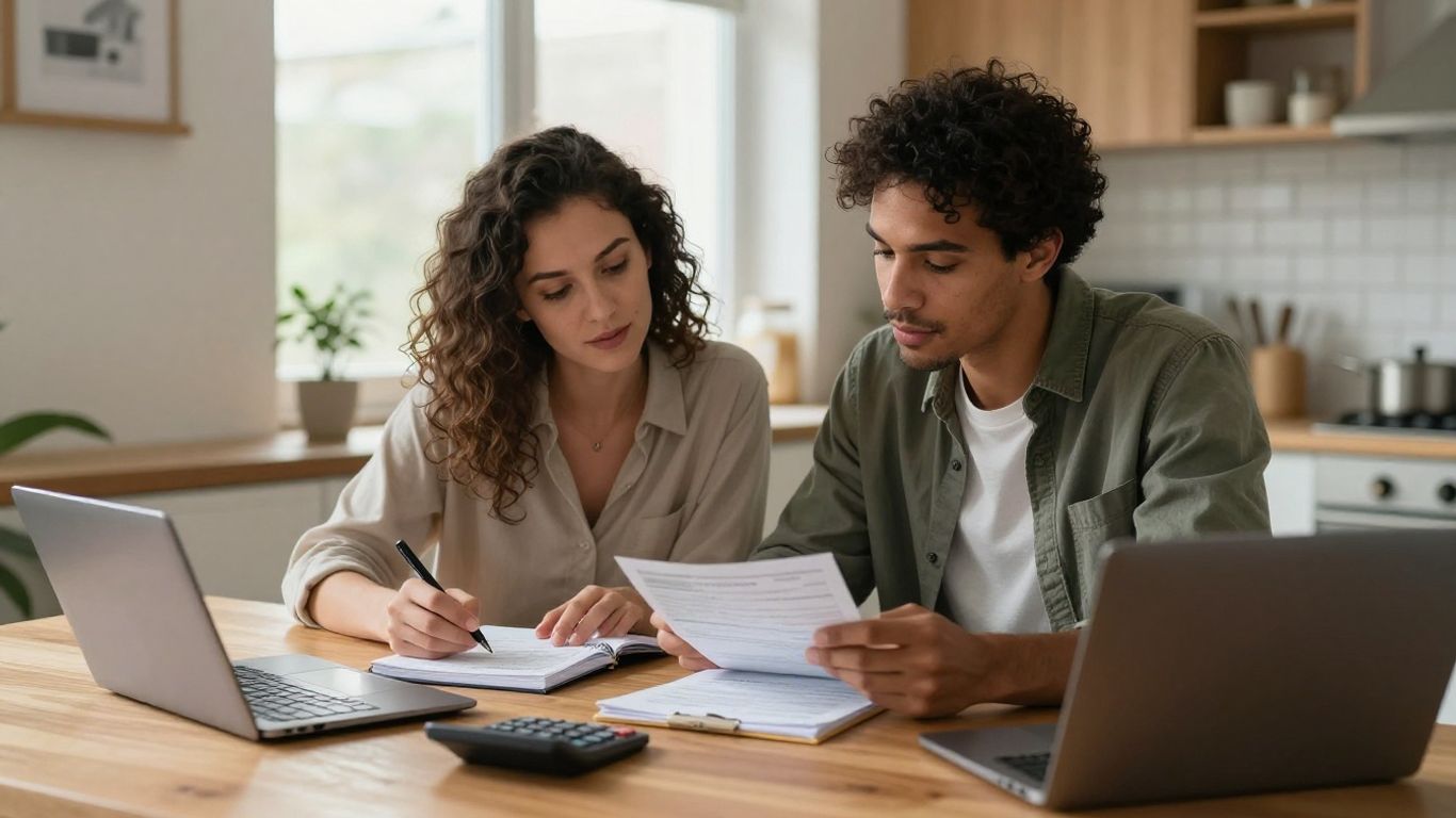 Pareja revisando sus finanzas en casa