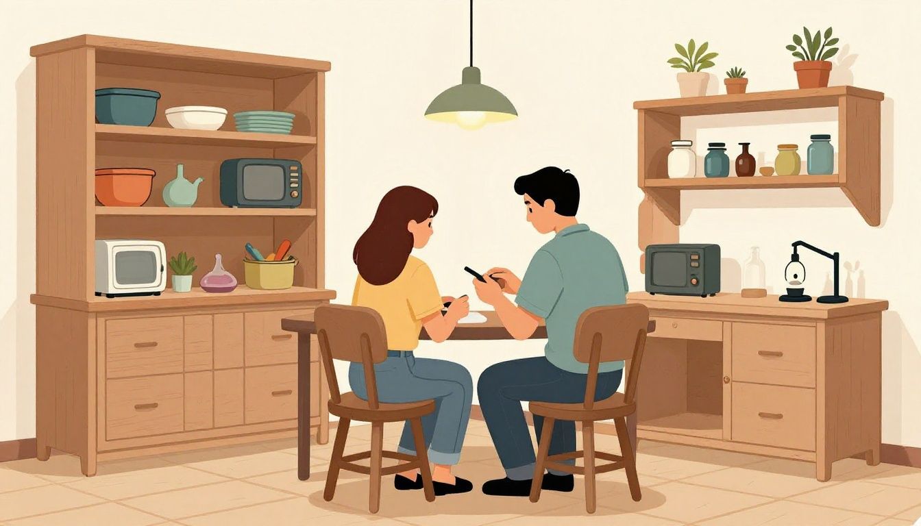 Ilustração de um jogador organizando uma oficina organizada com bancadas de trabalho e baús de armazenamento