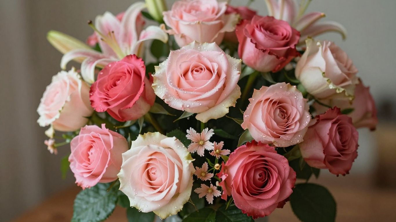 Fresh flower bouquet with roses and lilies.