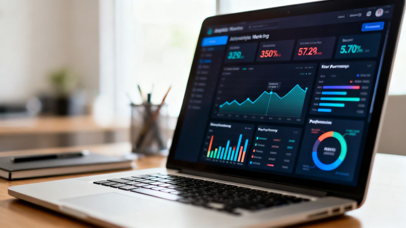 A laptop monitor displaying an analytics marketing dashboard
