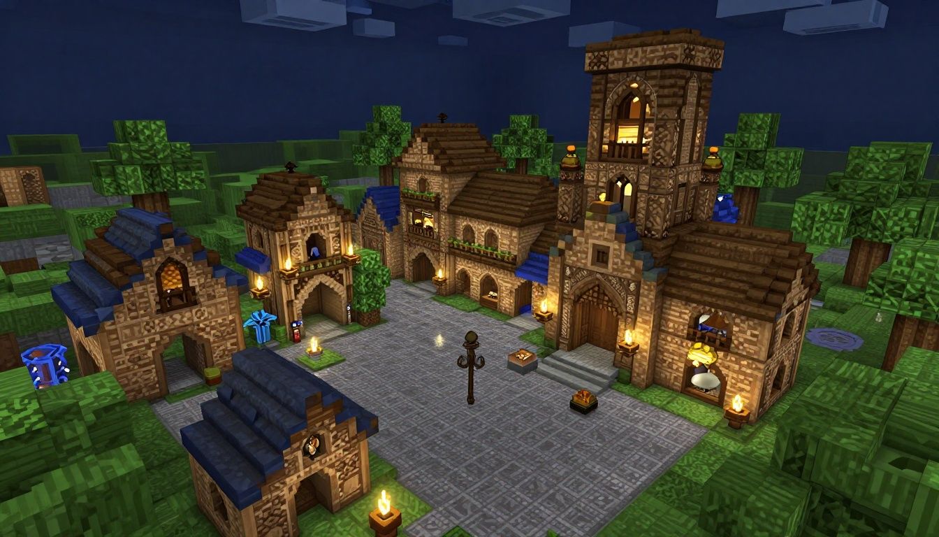 Uma magnífica cidade medieval construída em Minecraft com detalhes arquitetônicos complexos e iluminação por tochas