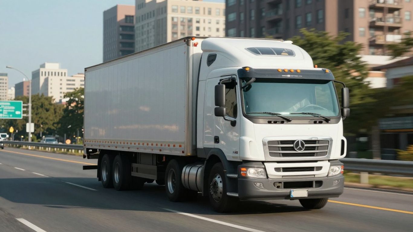 Contractor truck driving on highway towards city skyline.