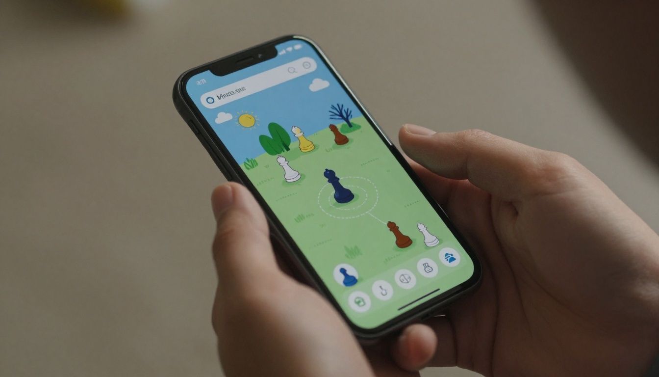Jogador estrategista movendo pecas coloridas em uma tela de smartphone dentro de um ambiente aconchegante
