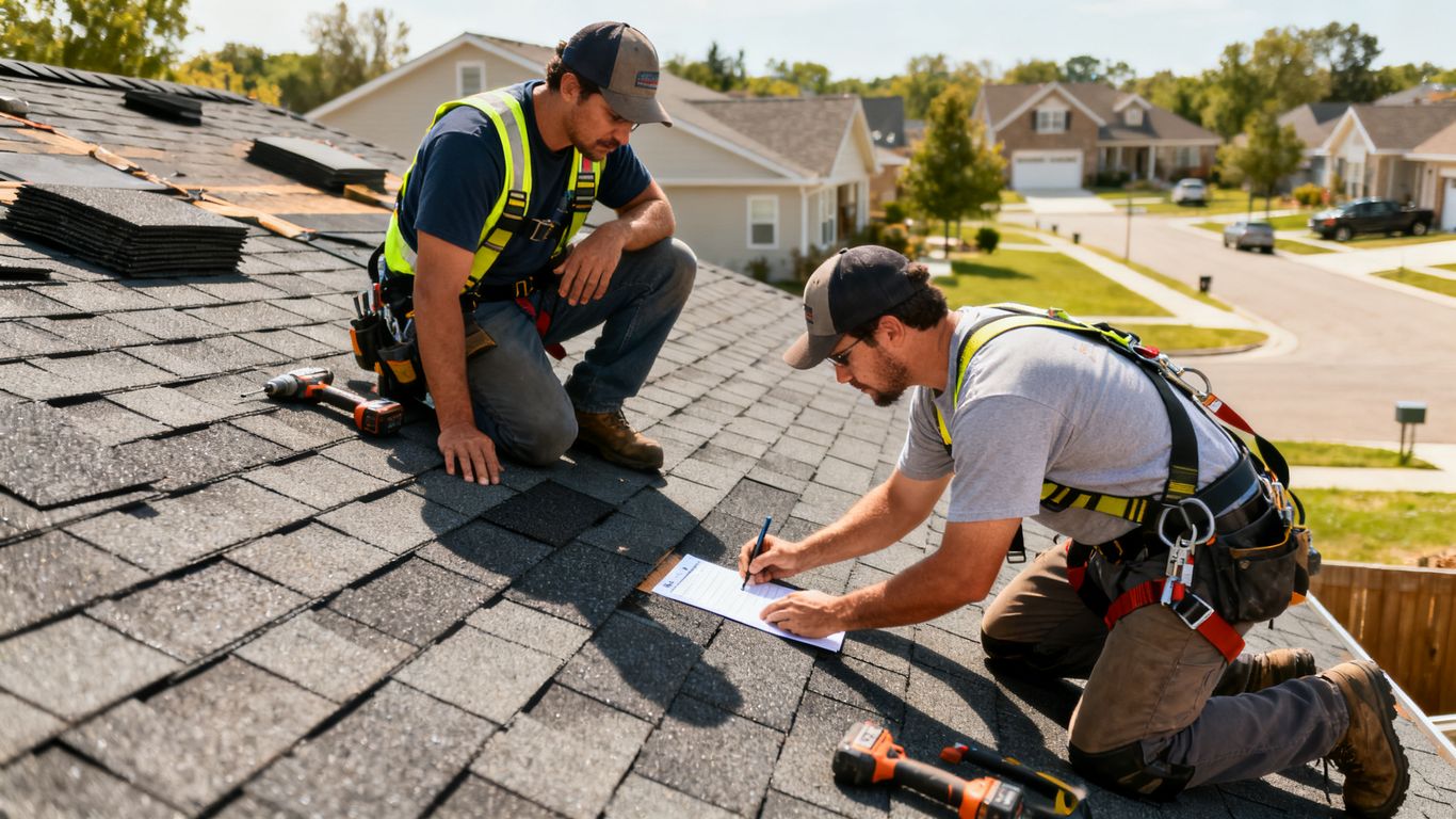 Roofing crew inspecting residential shingles