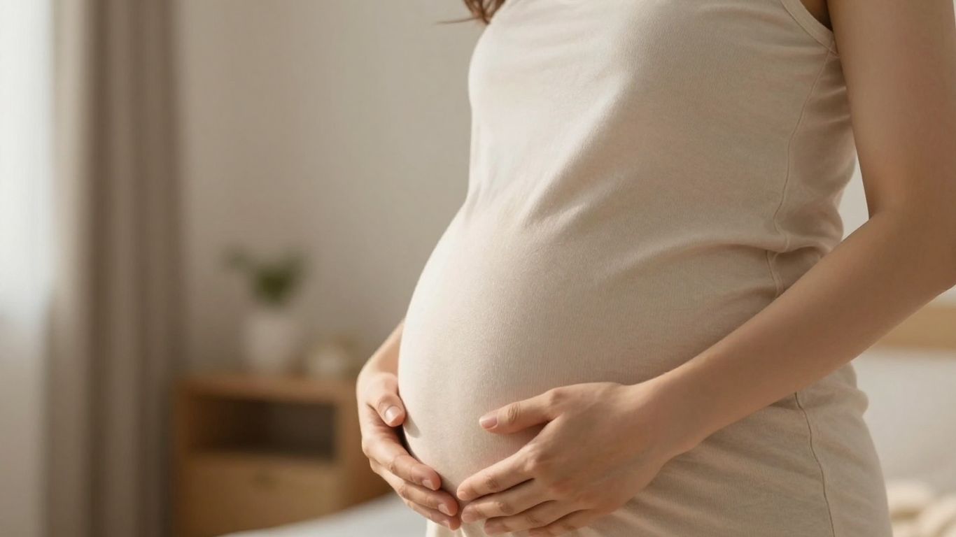 Mujer embarazada en la semana 32 acariciando su vientre.