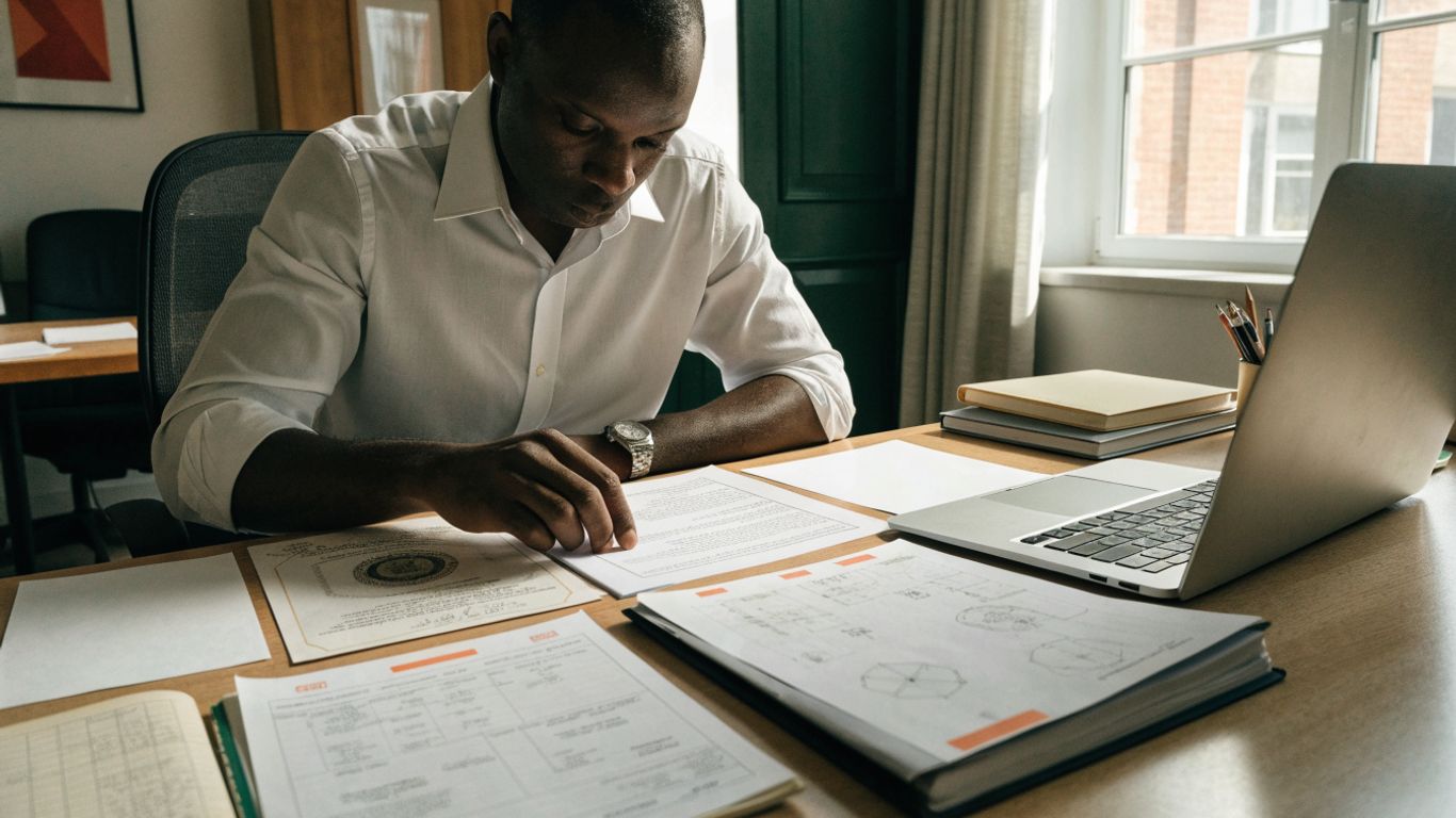 Engineer reviewing academic and technical documents
