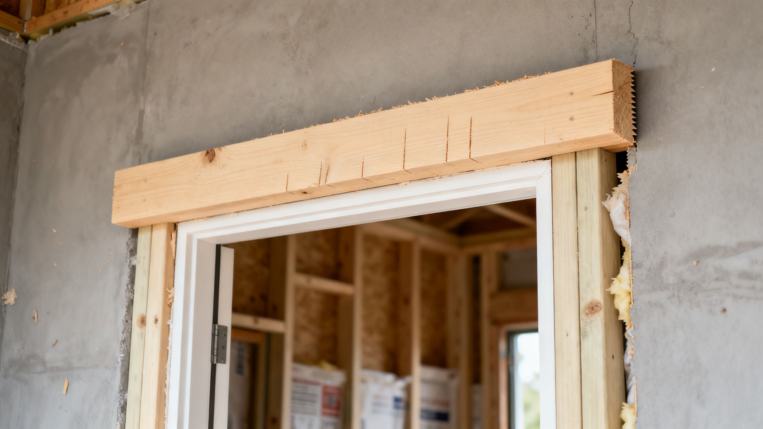Finished cleanly sawn door opening with a newly installed lintel above it, ready for the next stage of building work