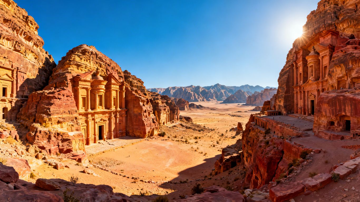 Ancient sandstone city carved into cliffs in Petra, Jordan.