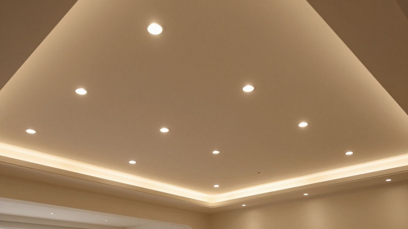 Recessed lights illuminating a vaulted ceiling in a living room.