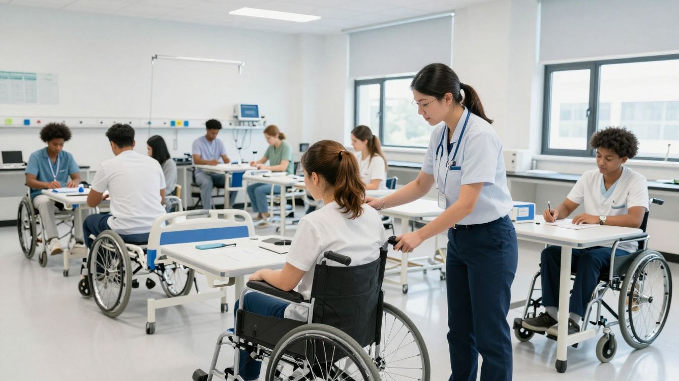 Students practicing nursing aide skills in a bright laboratory