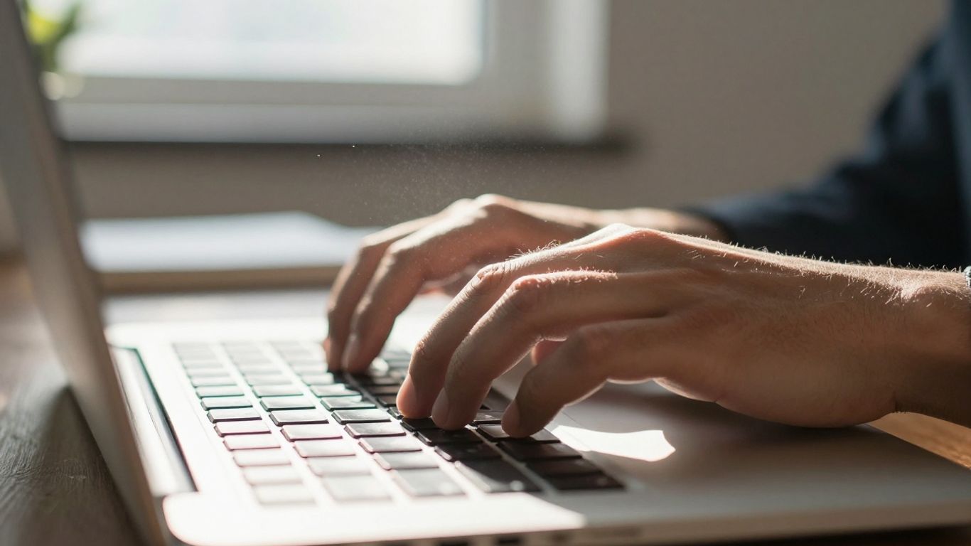Hands typing on a laptop keyboard.